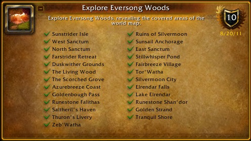 Sunstrider Isle, West Sanctum, North
            Sanctum, Farstrider Retreat, Diskwither Grounds, The Living Wood, The Scorched Grove, 
            Azurebreeze Coast, Goldenbough Pass, Runestone Falithas, saltheril's Haven, Thuron's 
            Livery, Zeb'Watha, Ruins of Silvermoon, Sunsail Anchorage, East Sanctum, Stillwhisper 
            Pond, Fairbreeze Village, Tor'Watha, Silvermoon City, Elrendar Falls, Lake Elrendar, 
            Runstone Shan'dor, Golden Strand, Tranquil Shore