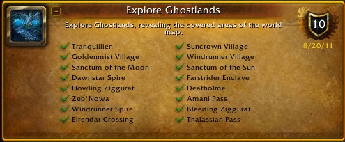 Tranquillien, Goldenmist Village, 
            Sanctum of the Moon, Dawnstar Spire, Howling Ziggurat, Zeb'Nowa, Windrunner Spire, 
            Elrendar Crossing, Suncrown Village, Windrunner Village, Sanctum of the Sun, 
            Farstrider Enclave, Deatholme, Amani Pass, Bleeding Ziggurat, Thalassian Pass