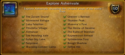 The Zoram Strand,  silverwind refuge, 
            lake falathim, thistlefur village, astranaar, the howling vale, fallen sky lake, 
            satyrnaar, warsong lumber camp, orendil's retreat, thunder peak, maestra's post, 
            the shrine of aessina, the ruins of stardust, raynewood retreat, splintertree post, 
            bough shadow, felfire hill