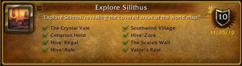 The Crystal Vale,
            Cenarion Hold, Hive'Regal, Hive'Ashi, Southwind Village, 
            Hive'Zora, The Scarab Wall, Valor's Rest